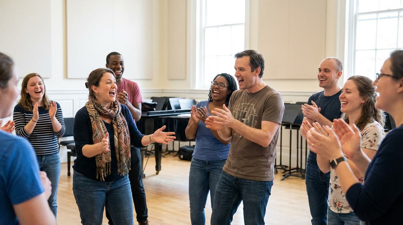 Choir members laughing during a fun group warm-up