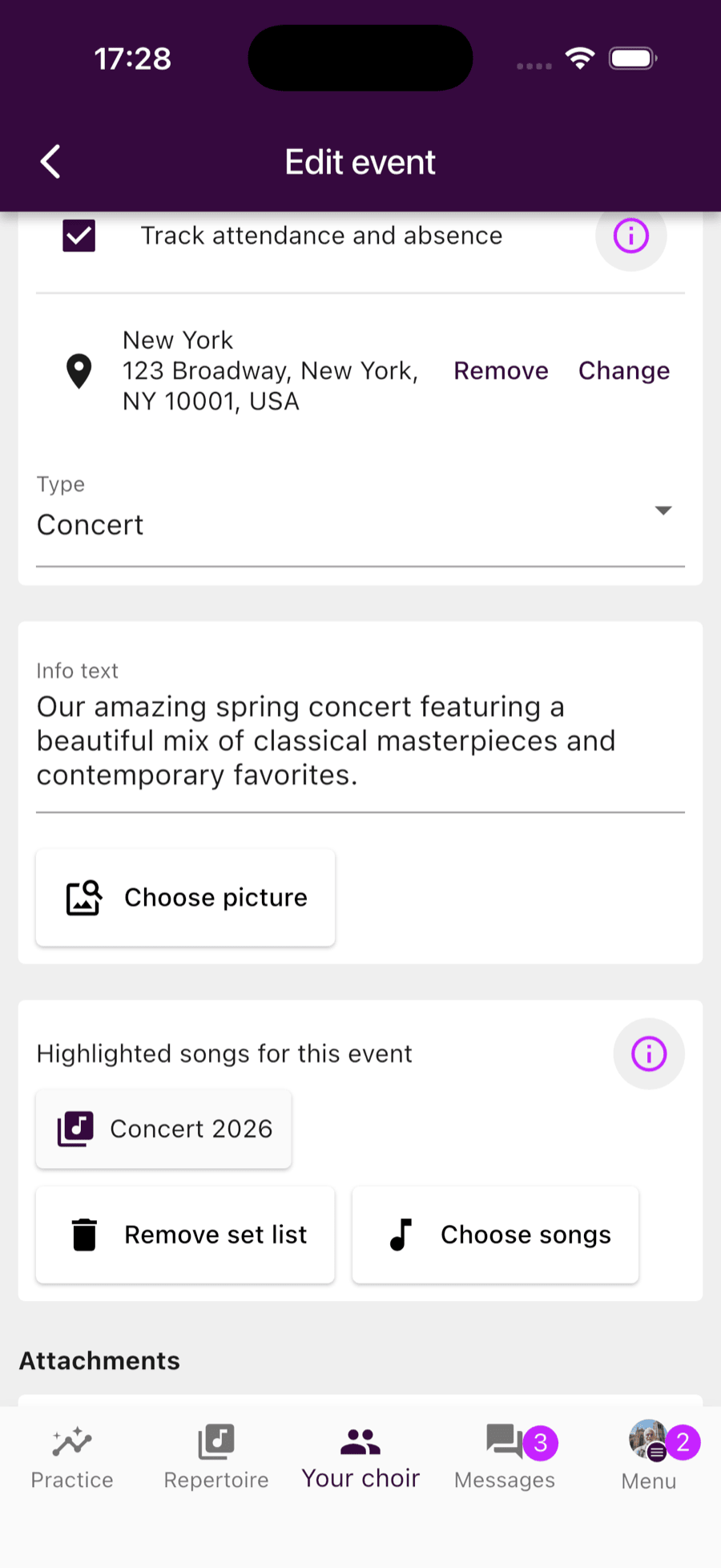 Edit event with highlighted songs section