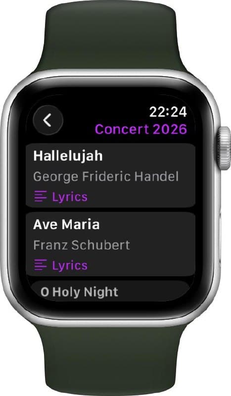 Smartwatch zeigt Concert 2026 Setlist mit Songs